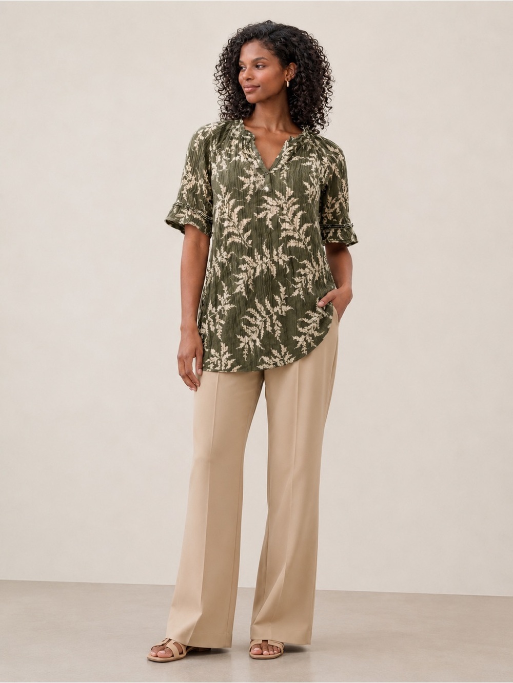 Indigo Soul Olive Floral‎ Blouse XL Boho Crinkle Peasant Top Lightweight
